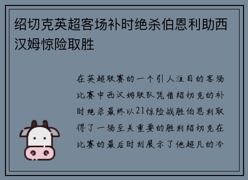 绍切克英超客场补时绝杀伯恩利助西汉姆惊险取胜